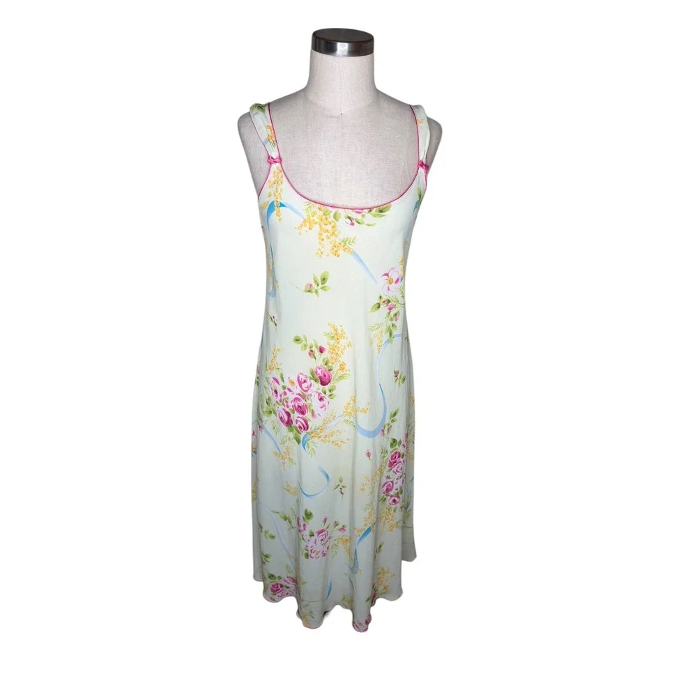 OSCAR DE LA RENTA‎ Green Floral Slip Dress Nightgown Pink Label Women's Size M